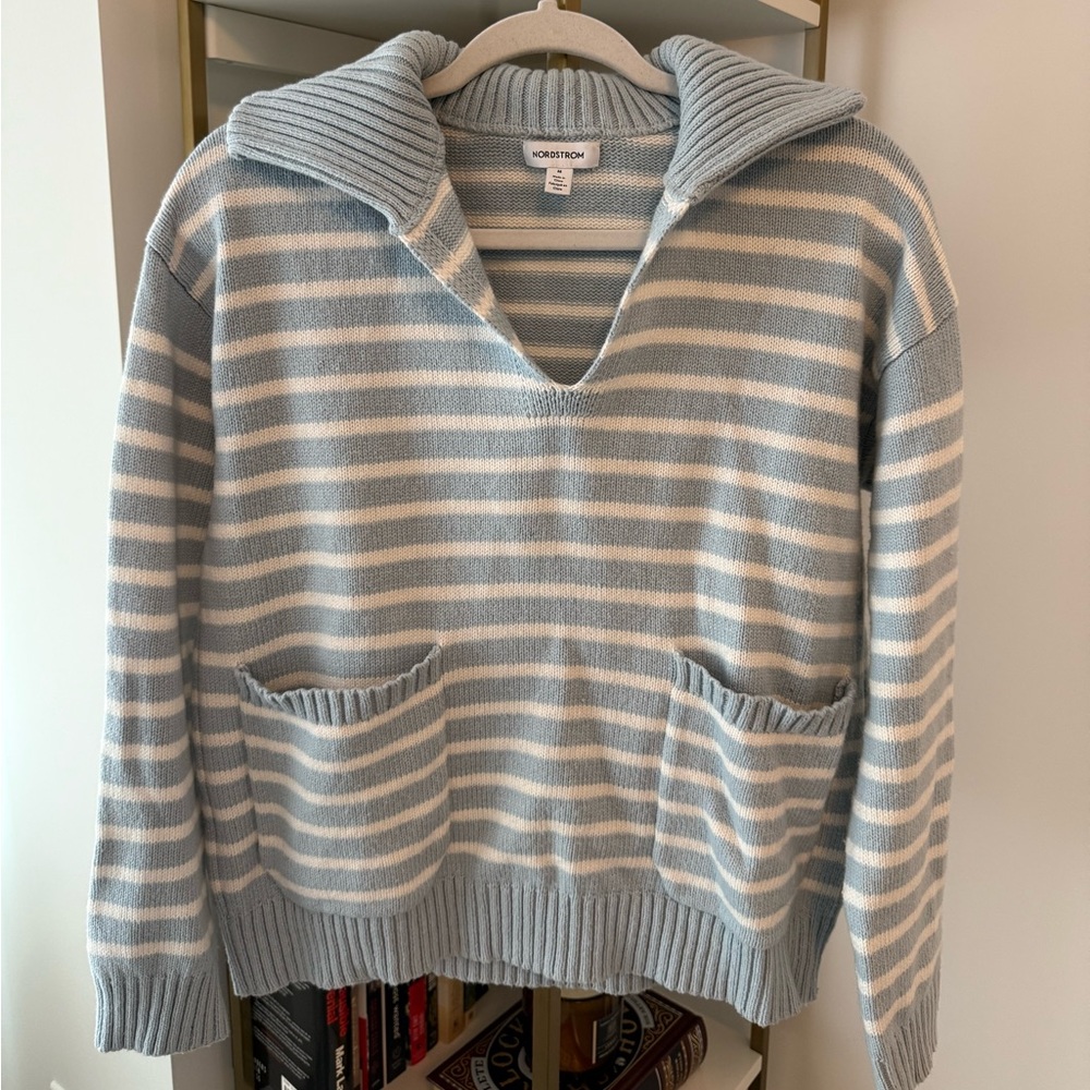 Nordstrom Blue and Cream Striped V-Neck Sweater